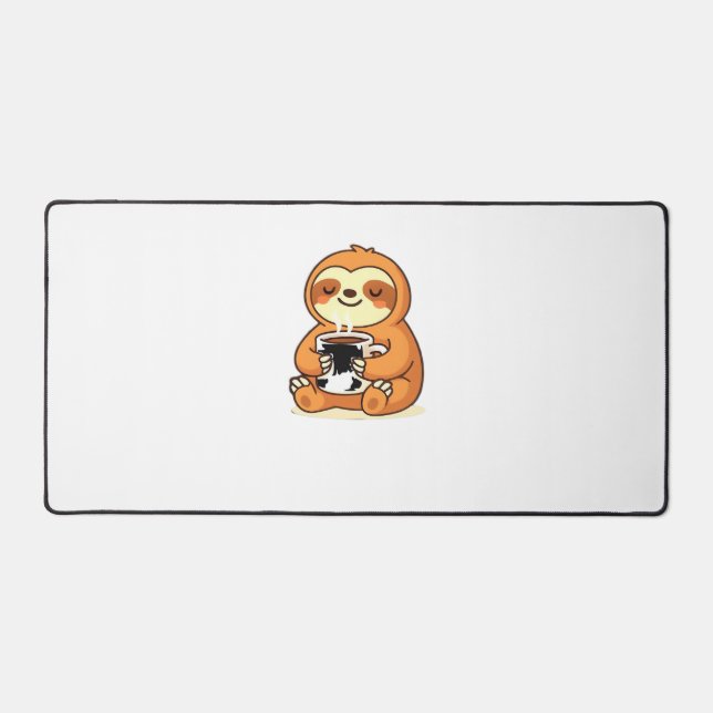 Cute Sloth Relaxing with Hot Coffee Premium T-Shir Desk Mat (Front)