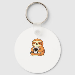 Cute Sloth Relaxing with Hot Coffee Premium T-Shir Key Ring