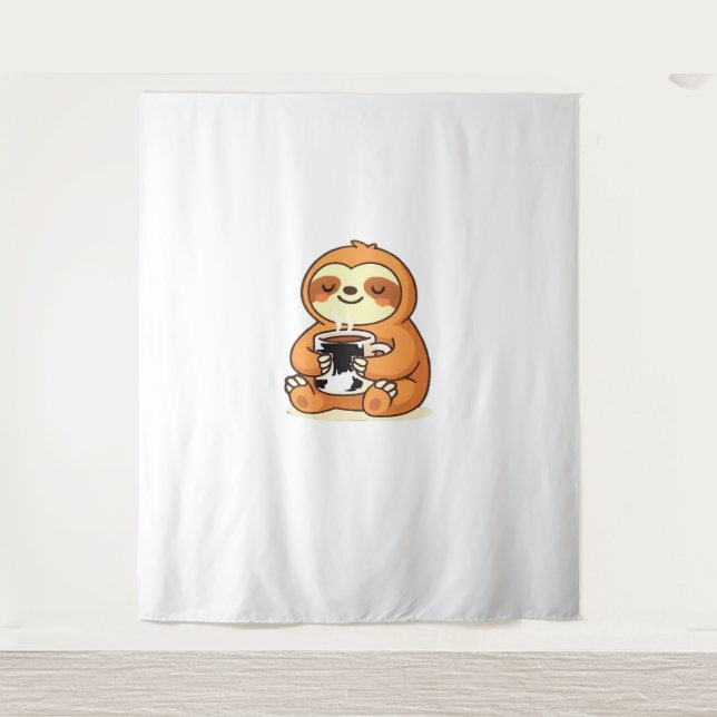 Cute Sloth Relaxing with Hot Coffee Premium T-Shir Tapestry (Front)