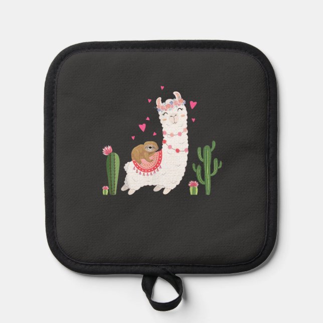 Cute Sloth Riding Llama Shirt Heart Valentines Day Pot Holder (Front)