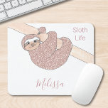 Cute Sloth Rose Gold Glitter Custom Mouse Pad<br><div class="desc">This girly mouse pad is decorated with a rose gold glitter cute smiling sloth hanging from a branch.
Easily customisable with your name in stylish script typography.
Original Drawing© Michele Davies</div>
