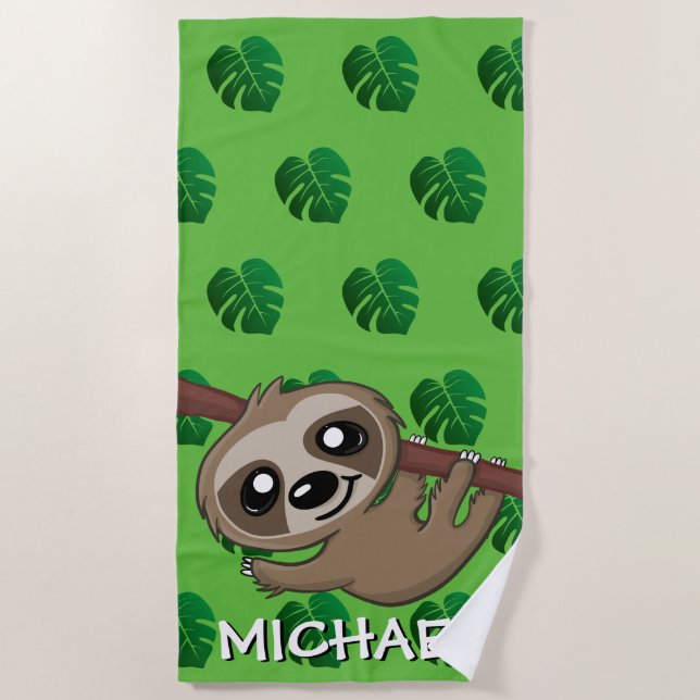 Cute Sloth Safari Green Cartoon Jungle Name Beach Towel (Front)