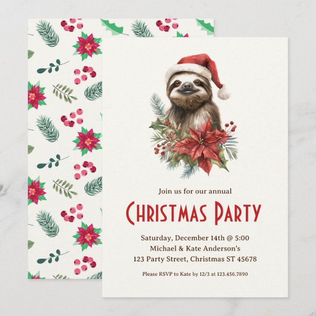 Cute Sloth Santa Hat Poinsettias Christmas Party Invitation (Front/Back)