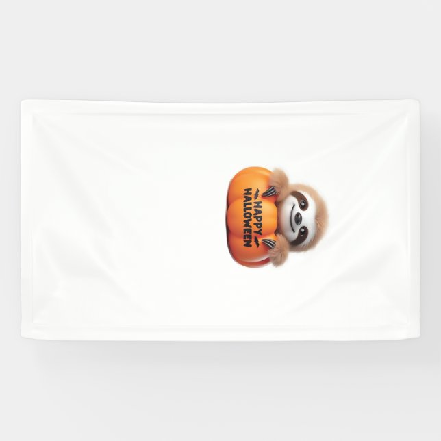 Cute Sloth sitting in a Pumpkin. Text Happy Hallow Banner (Horizontal)