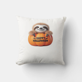 Cute Sloth sitting in a Pumpkin. Text Happy Hallow Cushion