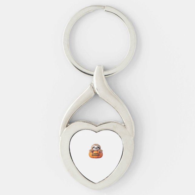 Cute Sloth sitting in a Pumpkin. Text Happy Hallow Key Ring (Front)