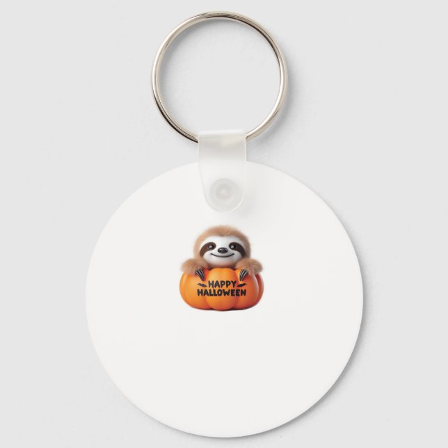 Cute Sloth sitting in a Pumpkin. Text Happy Hallow Key Ring (Front)