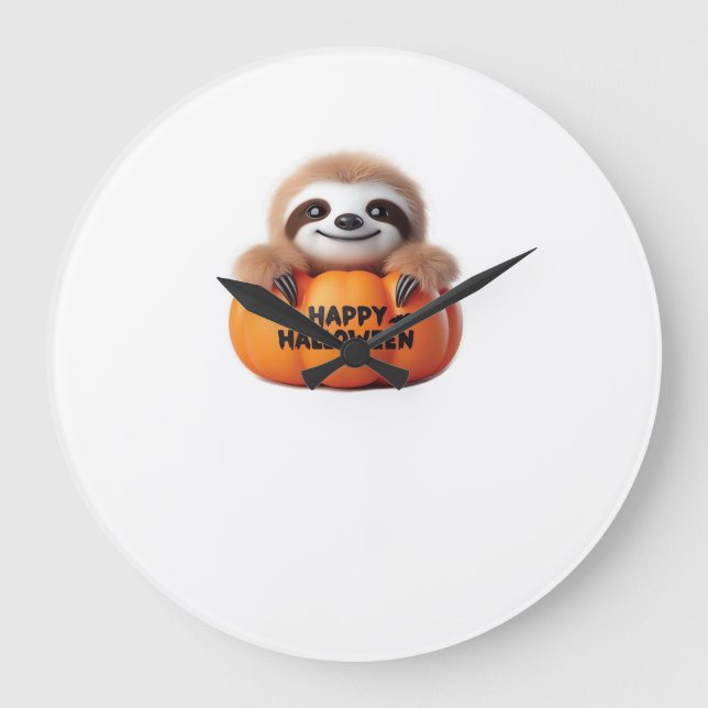 Cute Sloth sitting in a Pumpkin. Text Happy Hallow Large Clock (Front)