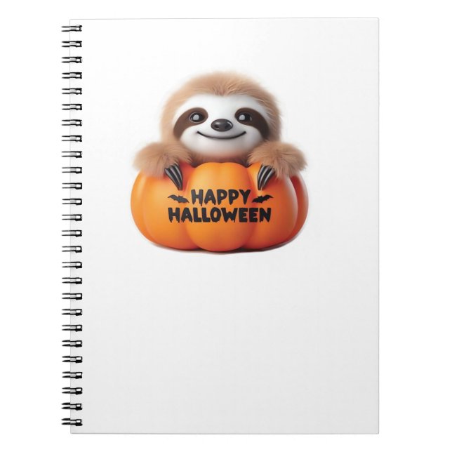 Cute Sloth sitting in a Pumpkin. Text Happy Hallow Notebook (Front)