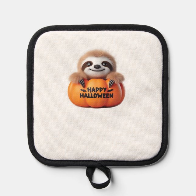 Cute Sloth sitting in a Pumpkin. Text Happy Hallow Pot Holder (Front)