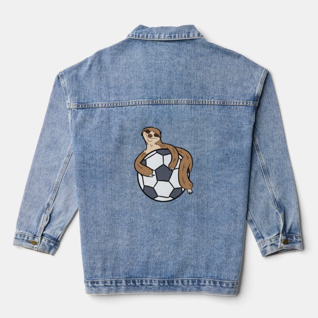 Cute Sloth Soccer Kids Lazy Sloth With Soccer Ball Denim Jacket (Back)