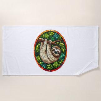 Cute Sloth Stained Glass Ornament Beach Towel