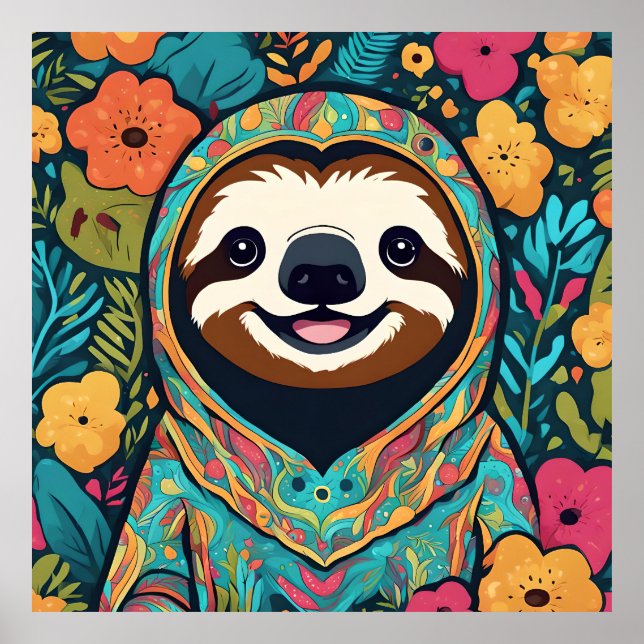 Cute sloth surrounded by flowers poster (Front)