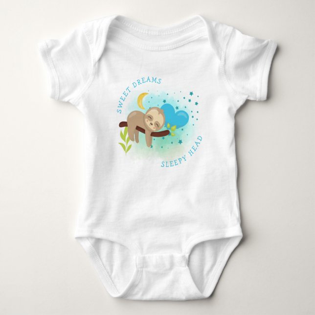 Cute Sloth Sweet Dreams Sleepy Head Newborn Boy Baby Bodysuit (Front)