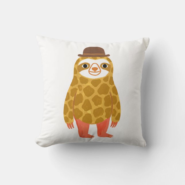 Cute Sloth Throw Pillow Brown Bowler Hat Giraffe S (Front)