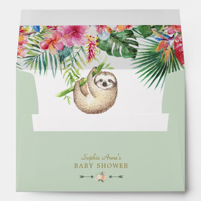 Cute Sloth Tropical Floral Frame Boy Baby Shower Envelope (Back (Bottom))