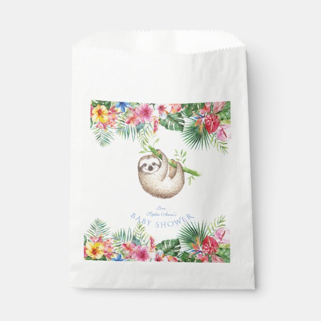Cute Sloth Tropical Flowers Frame Baby Shower Favour Bags (Front)