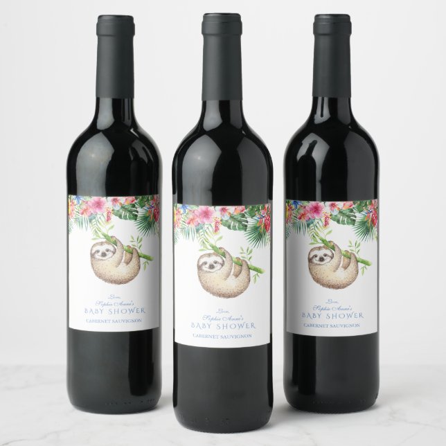 Cute Sloth Tropical Flowers Frame Baby Shower Wine Label (Bottles)