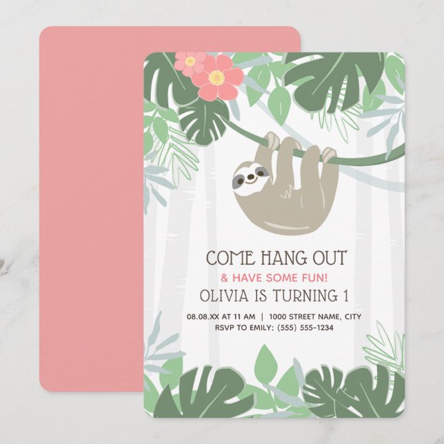Cute Sloth Tropical Palm Leaves Birthday Invitation (Front/Back)
