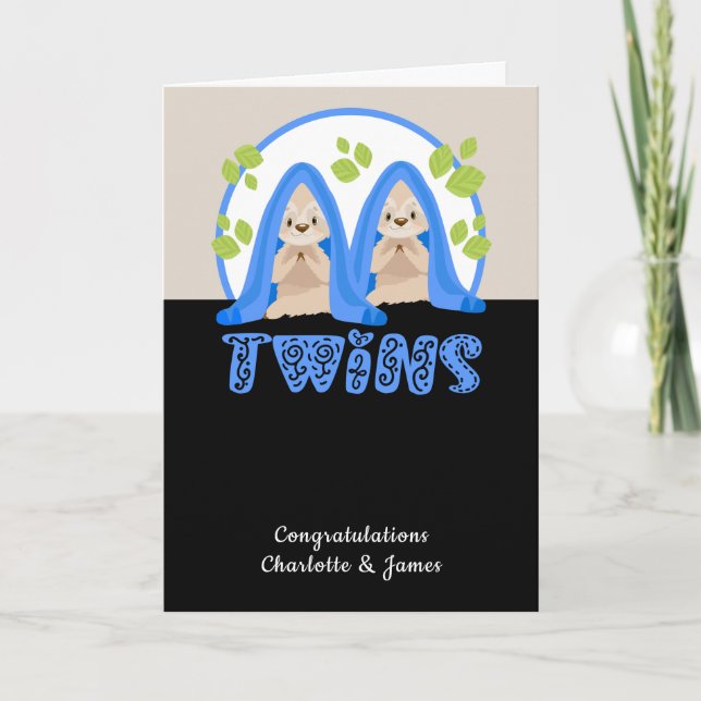 Cute Sloth Two Boys New Twin Babies Card (Front)