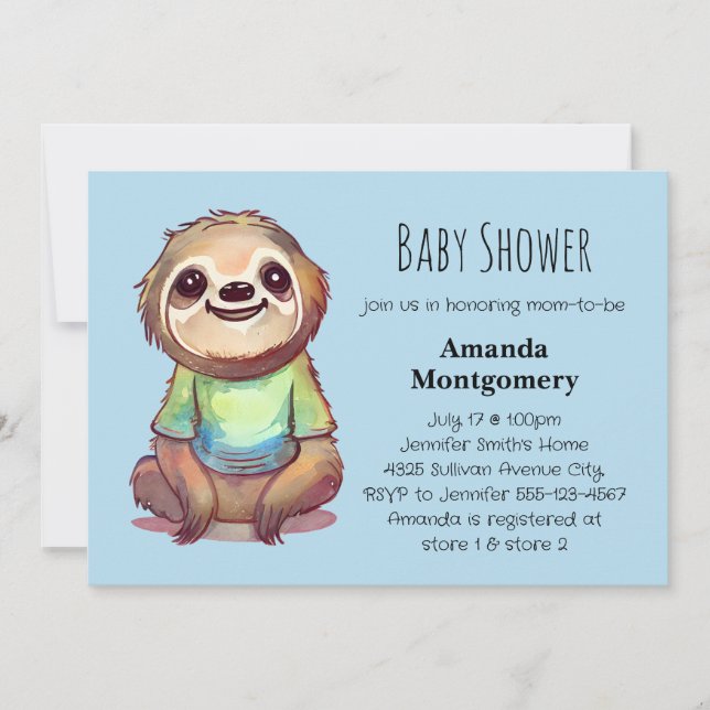 Cute Sloth Wearing a Shirt Baby Shower Invitation (Front)