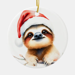 Cute Sloth Wearing Santa Hat Ceramic Tree Decoration