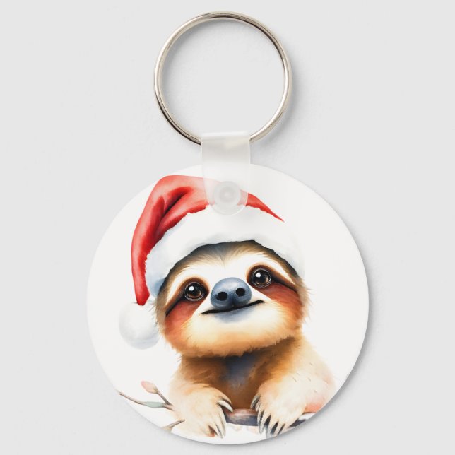 Cute Sloth Wearing Santa Hat Key Ring (Front)