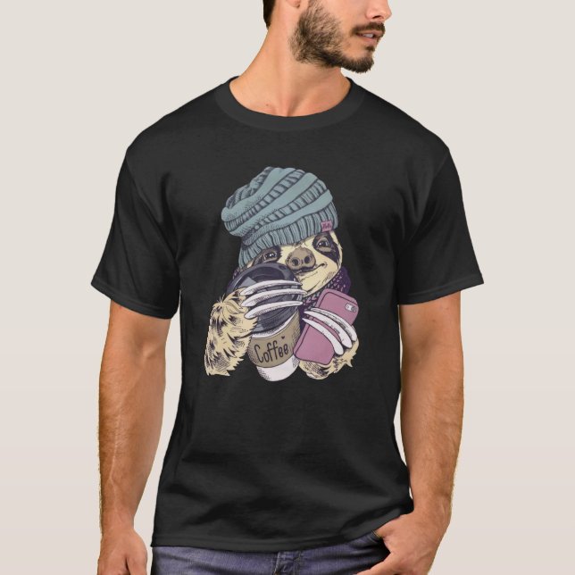 Cute Sloth With Beanie Hat Coffee and Phone Animal T-Shirt (Front)