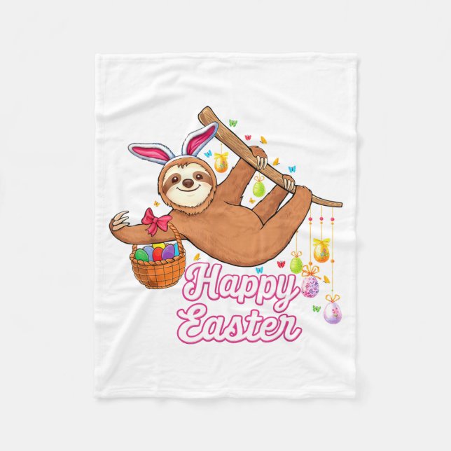 Cute Sloth with Bunny Ears Egg Hunting Easter Fleece Blanket (Front)