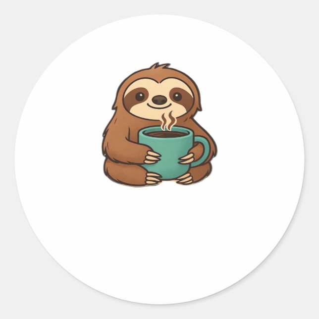 Cute Sloth with Coffee Mug – Cosy Relaxed Animal A Classic Round Sticker (Front)