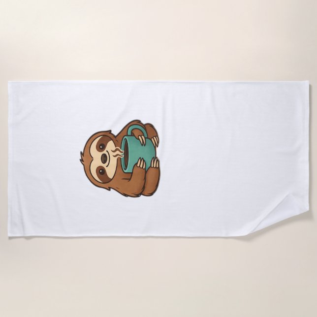 Cute Sloth with Coffee Mug � Cozy Relaxed Animal A Beach Towel (Front)