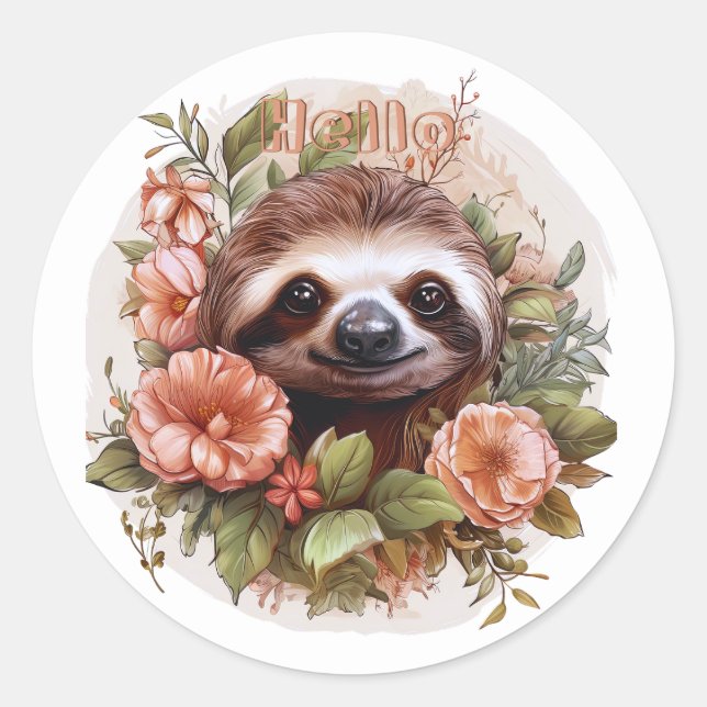 Cute Sloth with Flowers Hello Classic Round Sticker (Front)