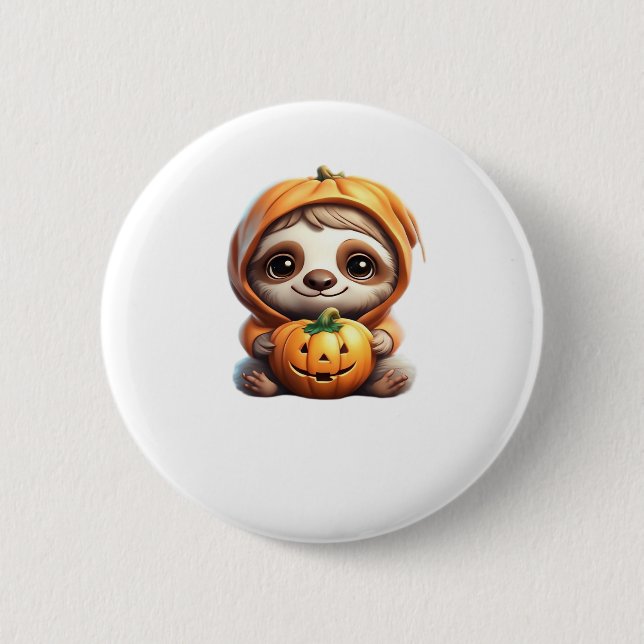 Cute Sloth with Pumpkin Halloween Cartoon Vector I 6 Cm Round Badge (Front)