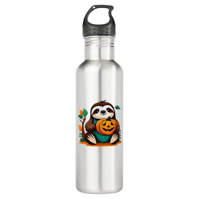 Cute Sloth with Pumpkin Halloween Cartoon Vector I 710 Ml Water Bottle (Front)