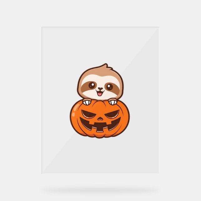 Cute Sloth with Pumpkin Halloween Cartoon Vector I Acrylic Sign (Front)