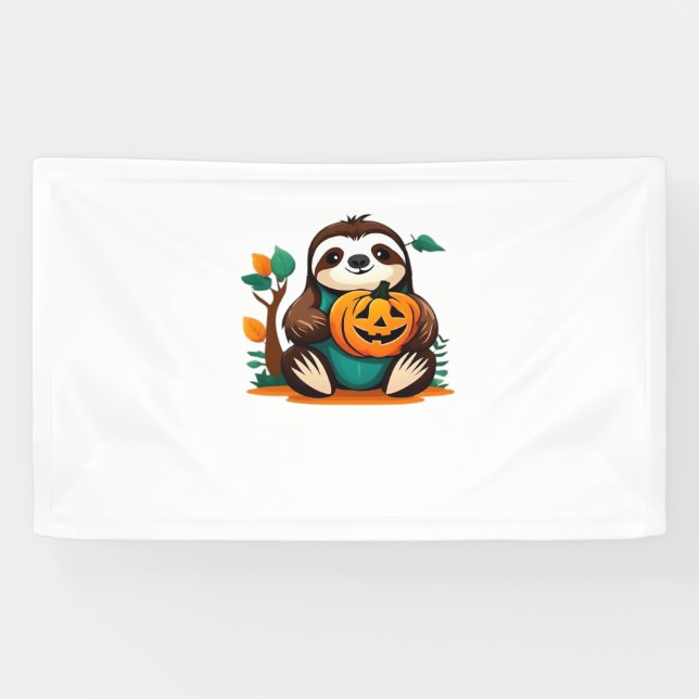 Cute Sloth with Pumpkin Halloween Cartoon Vector I Banner (Horizontal)