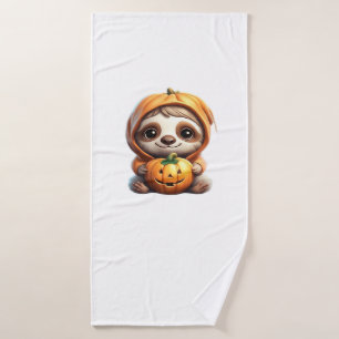 Cute Sloth with Pumpkin Halloween Cartoon Vector I Bath Towel