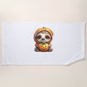 Cute Sloth with Pumpkin Halloween Cartoon Vector I Beach Towel