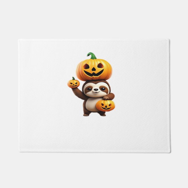 Cute Sloth with Pumpkin Halloween Cartoon Vector I Doormat (Front)