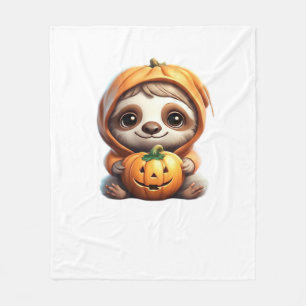 Cute Sloth with Pumpkin Halloween Cartoon Vector I Fleece Blanket