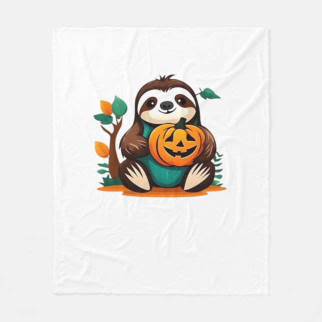 Cute Sloth with Pumpkin Halloween Cartoon Vector I Fleece Blanket (Front)