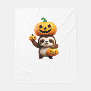 Cute Sloth with Pumpkin Halloween Cartoon Vector I Fleece Blanket
