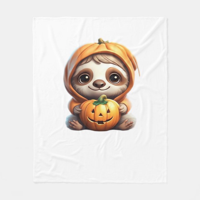 Cute Sloth with Pumpkin Halloween Cartoon Vector I Fleece Blanket (Front)