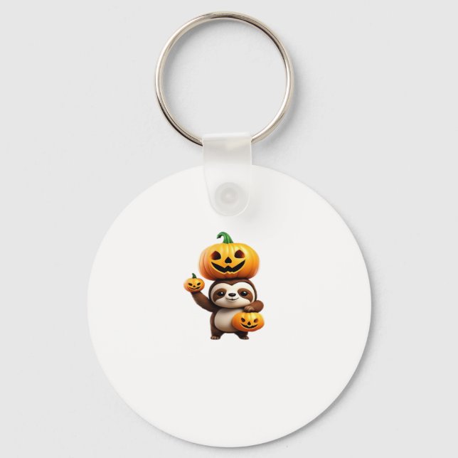 Cute Sloth with Pumpkin Halloween Cartoon Vector I Key Ring (Front)