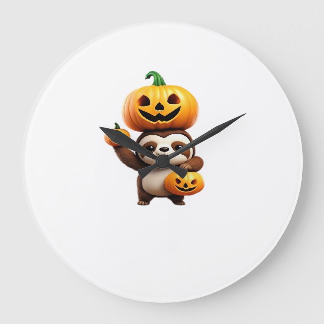Cute Sloth with Pumpkin Halloween Cartoon Vector I Large Clock (Front)