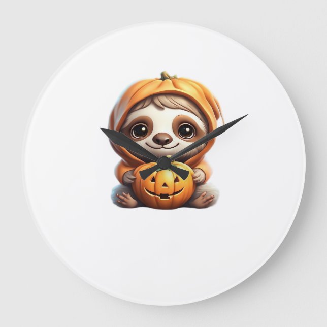 Cute Sloth with Pumpkin Halloween Cartoon Vector I Large Clock (Front)