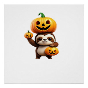 Cute Sloth with Pumpkin Halloween Cartoon Vector I Poster