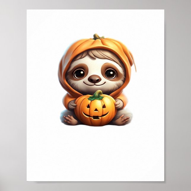 Cute Sloth with Pumpkin Halloween Cartoon Vector I Poster (Front)