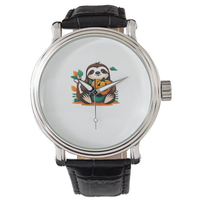 Cute Sloth with Pumpkin Halloween Cartoon Vector I Watch (Front)