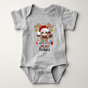 Cute Sloth with Santa Hat,Christmas Lights & Balls Baby Bodysuit